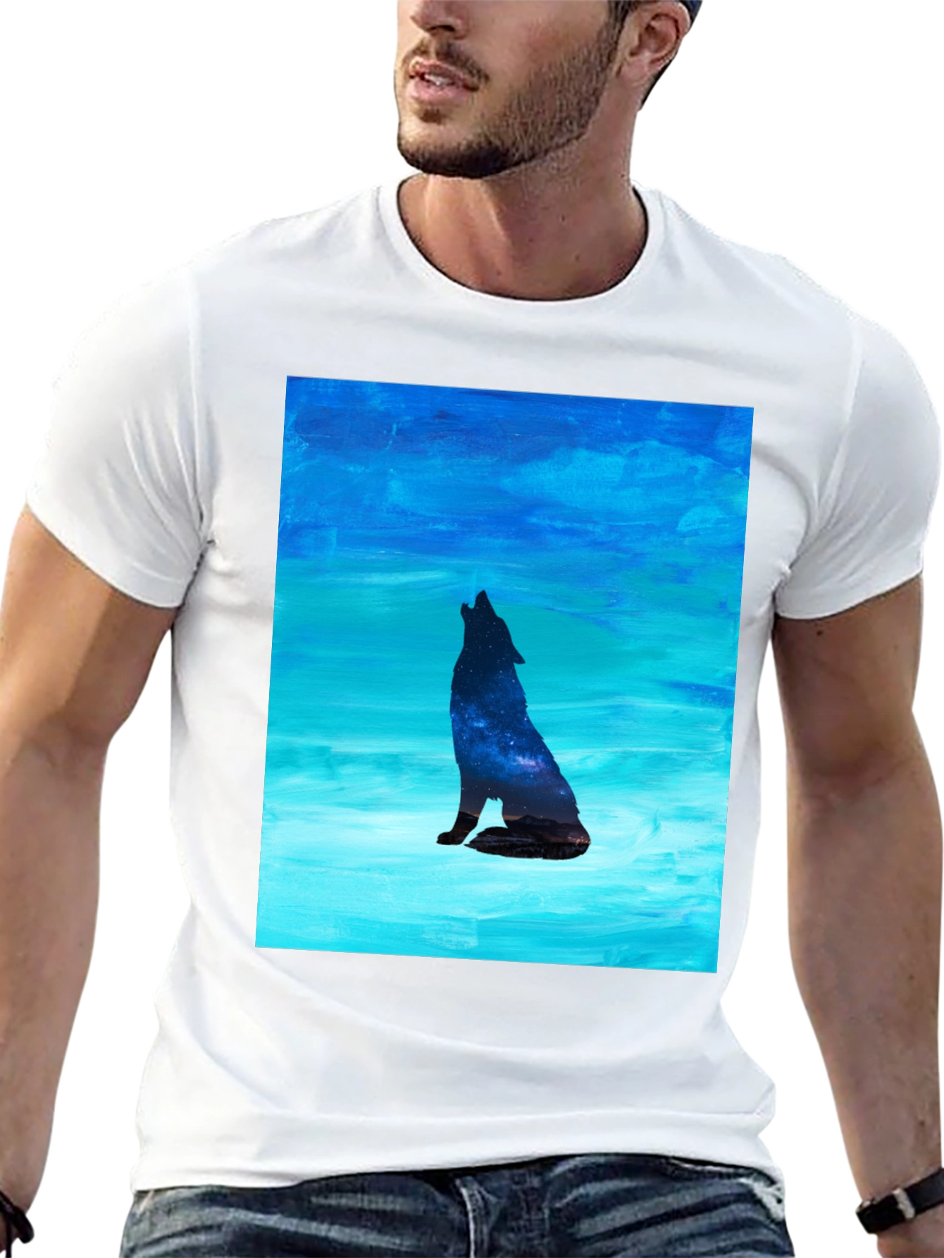 Howling Wolf Galaxy Print Black T-Shirt