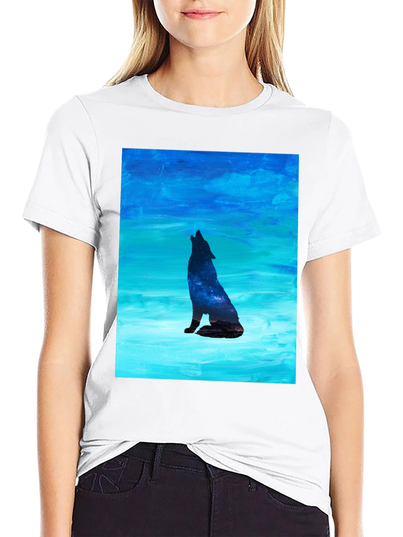Howling Wolf Galaxy Print Black T-Shirt