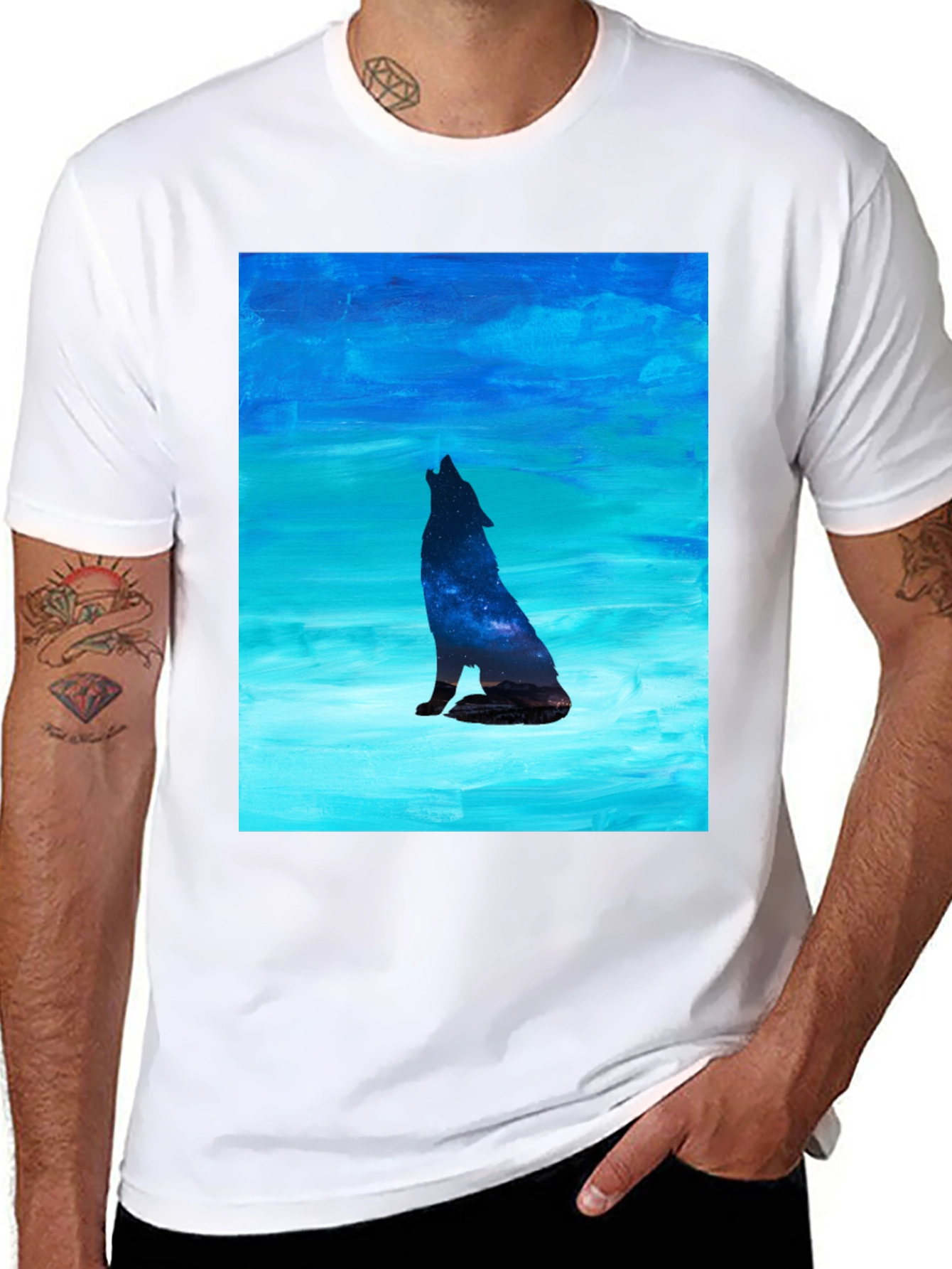 Howling Wolf Galaxy Print Black T-Shirt