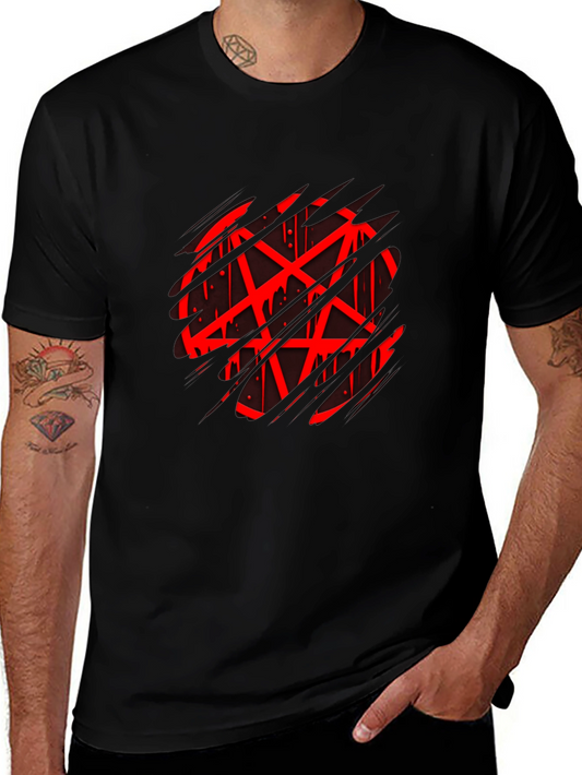 Mens Black Graphic Tee - Red Pentagram Design