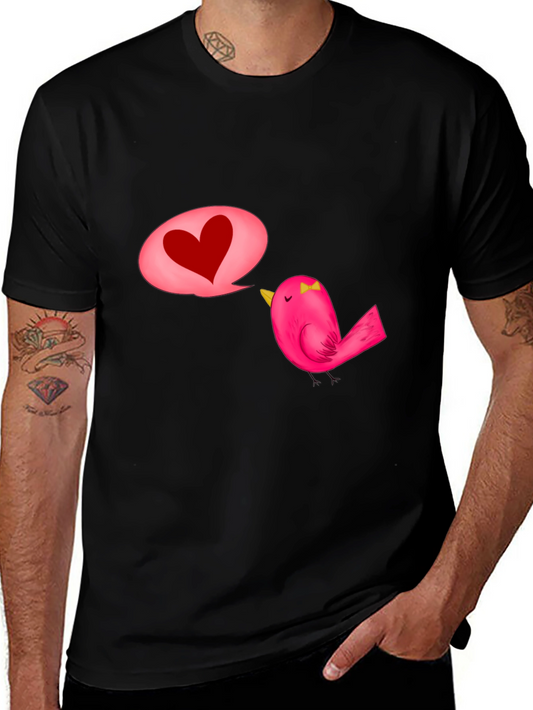Black T-Shirt with Cute Bird and Heart