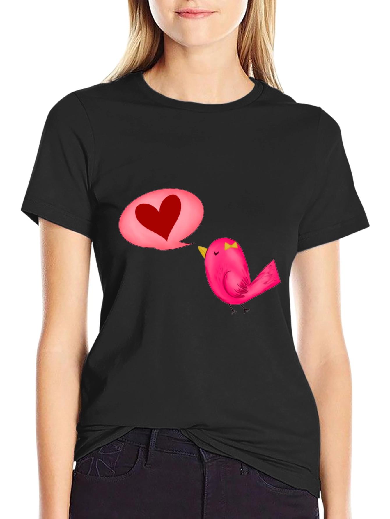 Black T-Shirt with Cute Bird and Heart