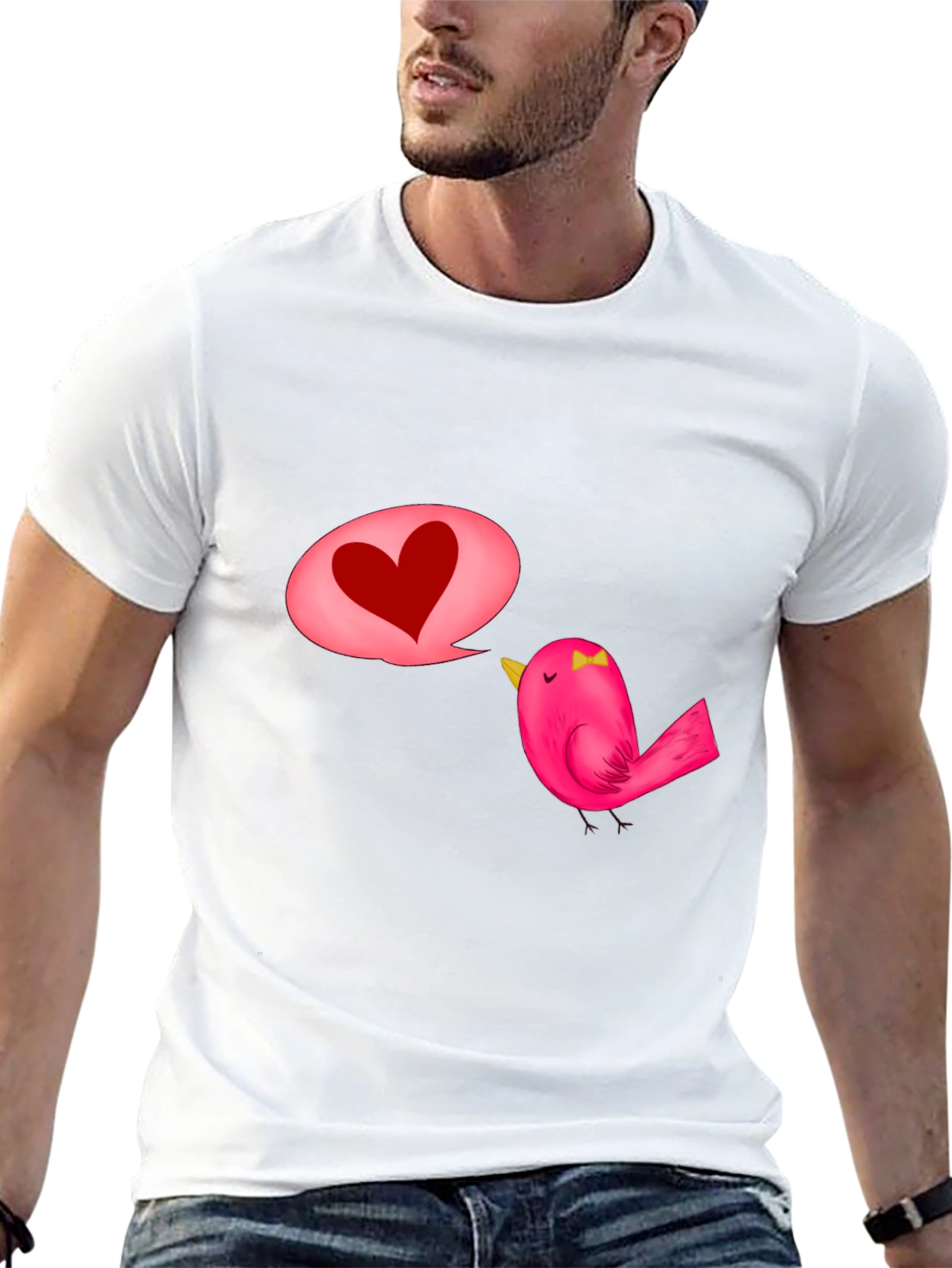 Black T-Shirt with Cute Bird and Heart