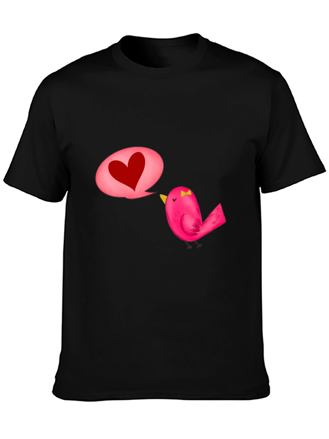 Black T-Shirt with Cute Bird and Heart