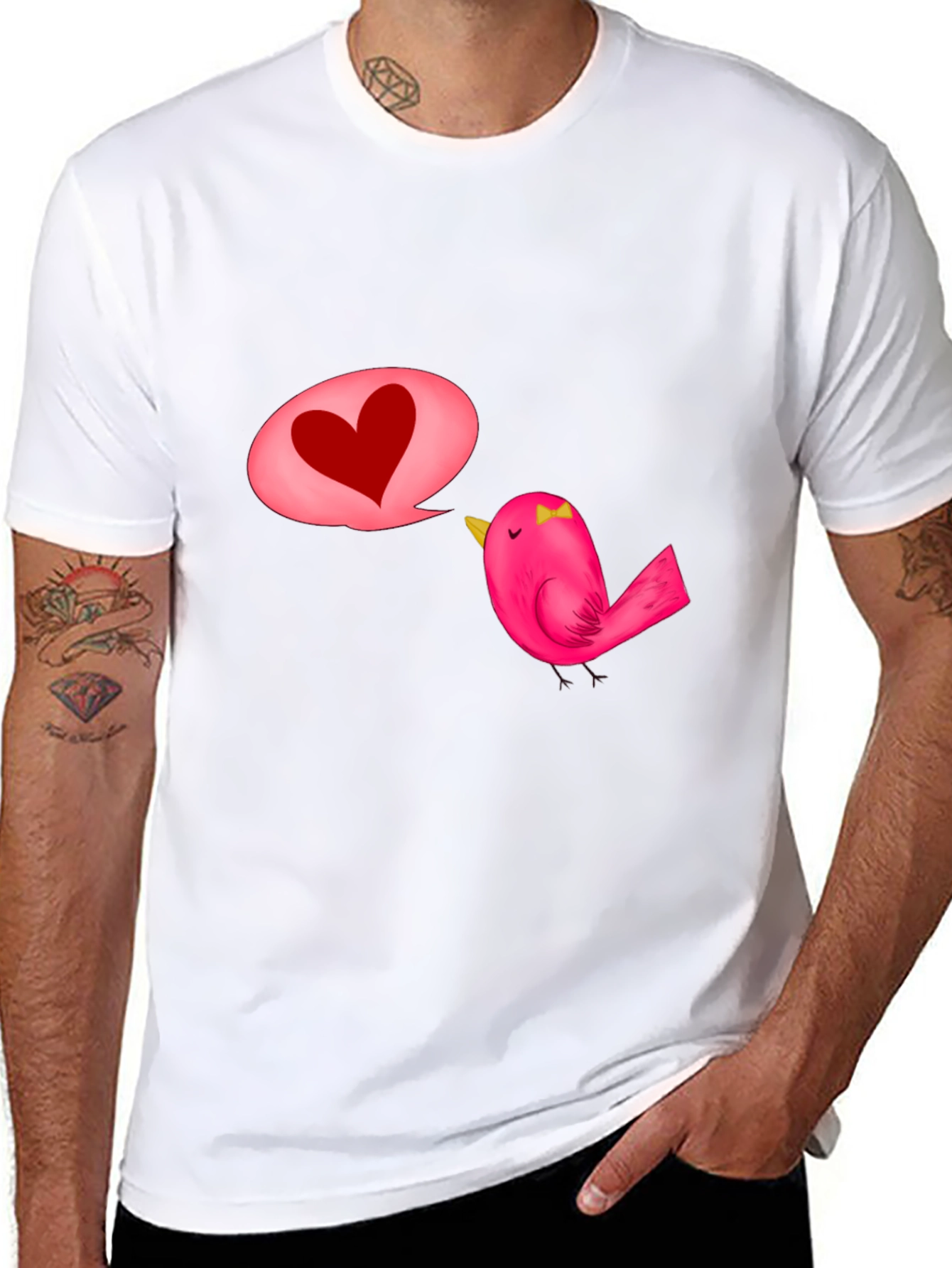 Black T-Shirt with Cute Bird and Heart