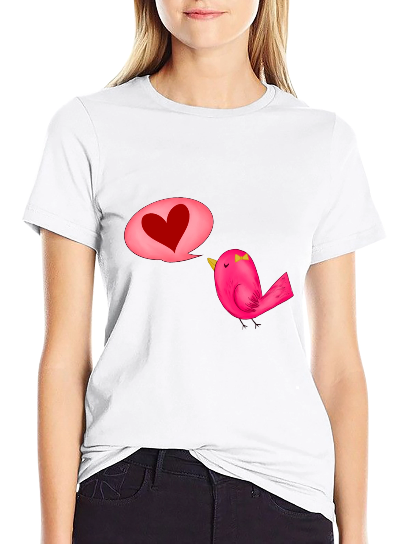 Black T-Shirt with Cute Bird and Heart