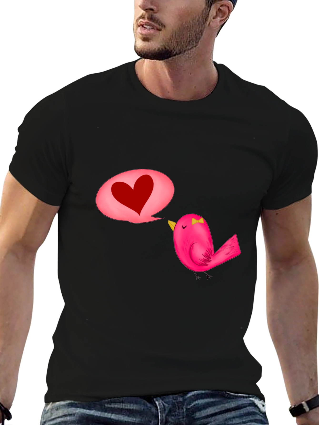 Black T-Shirt with Cute Bird and Heart