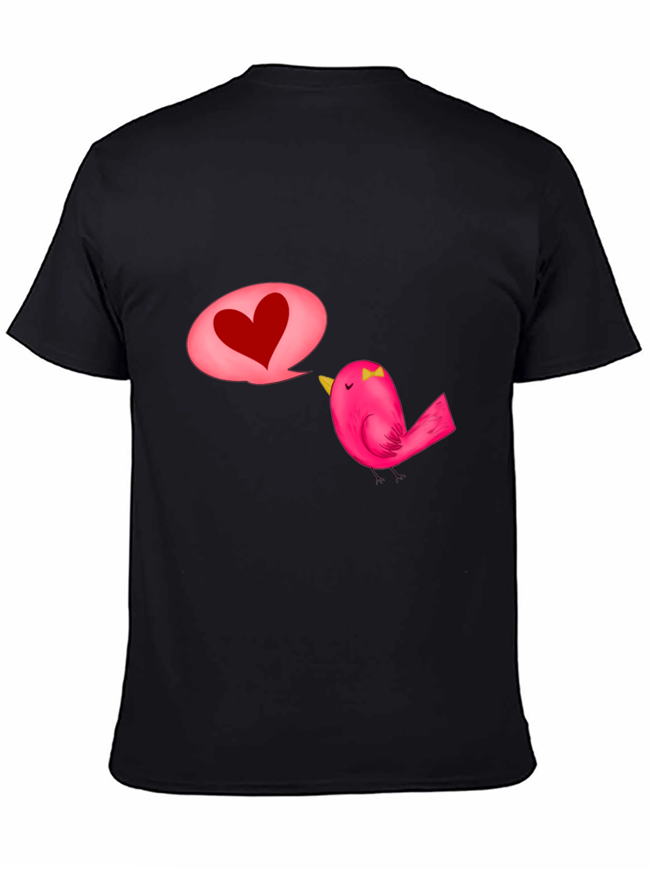 Black T-Shirt with Cute Bird and Heart