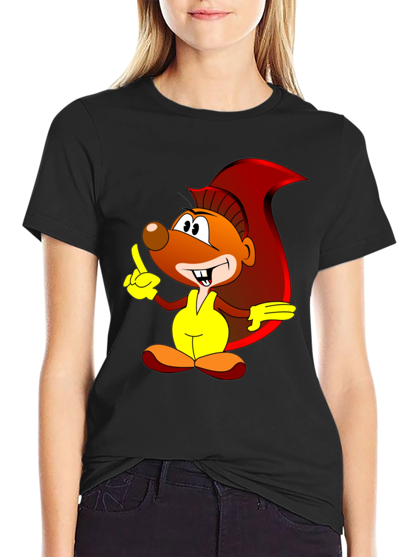 Cartoon Squirrel Graphic Print Black T-Shirt