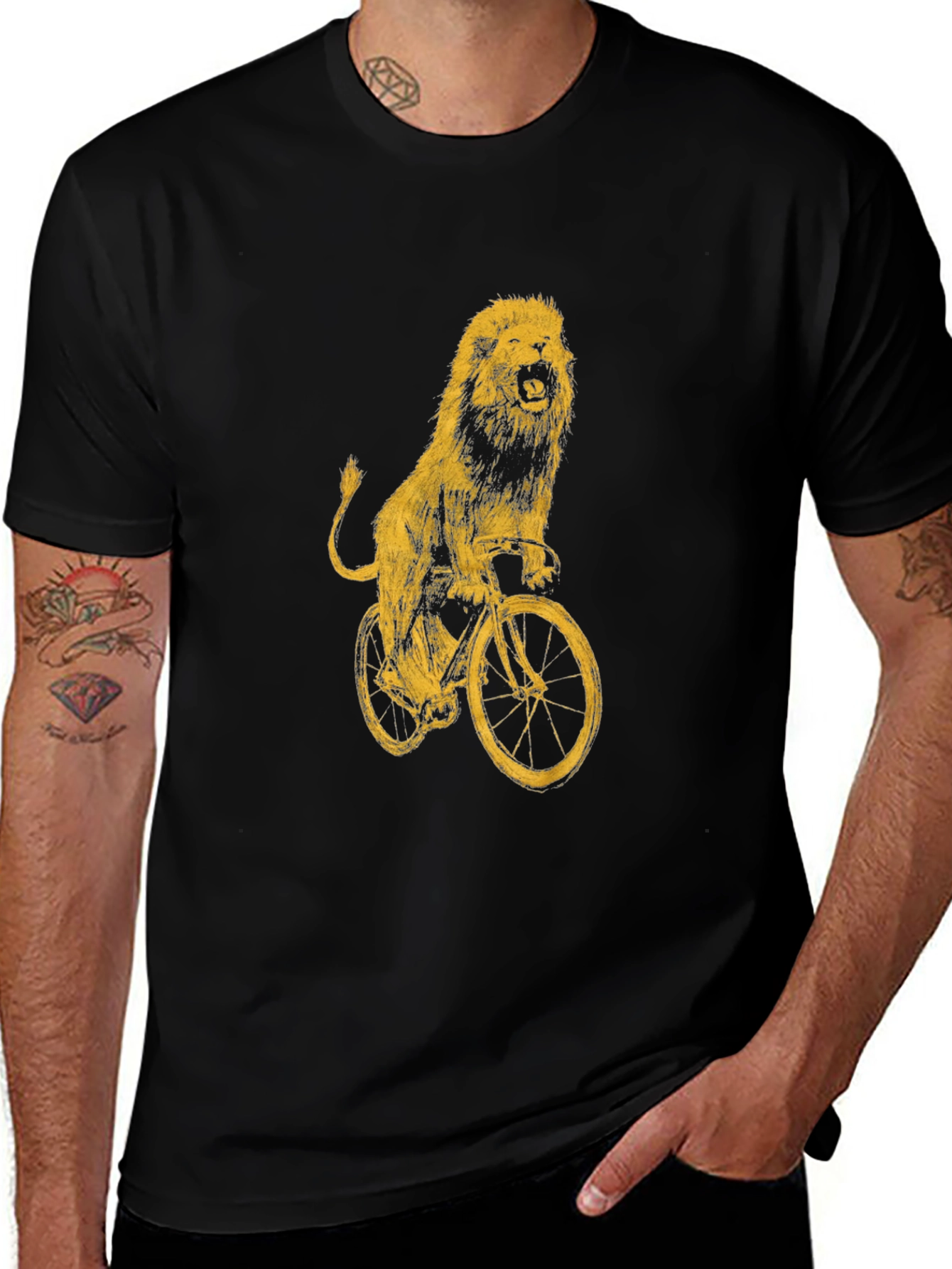 Lion on Bike Graphic Tee - Black Cotton T-Shirt