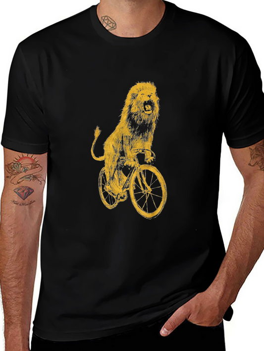 Lion on Bike Graphic Tee - Black Cotton T-Shirt