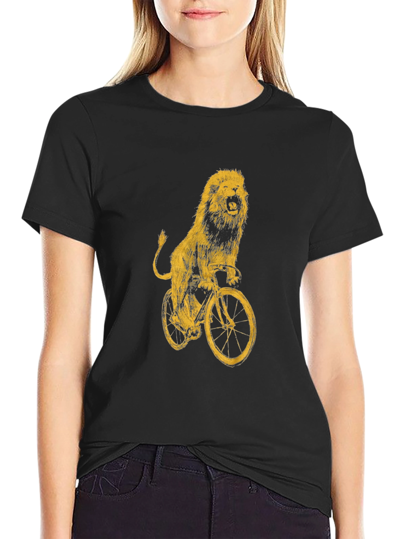 Lion on Bike Graphic Tee - Black Cotton T-Shirt