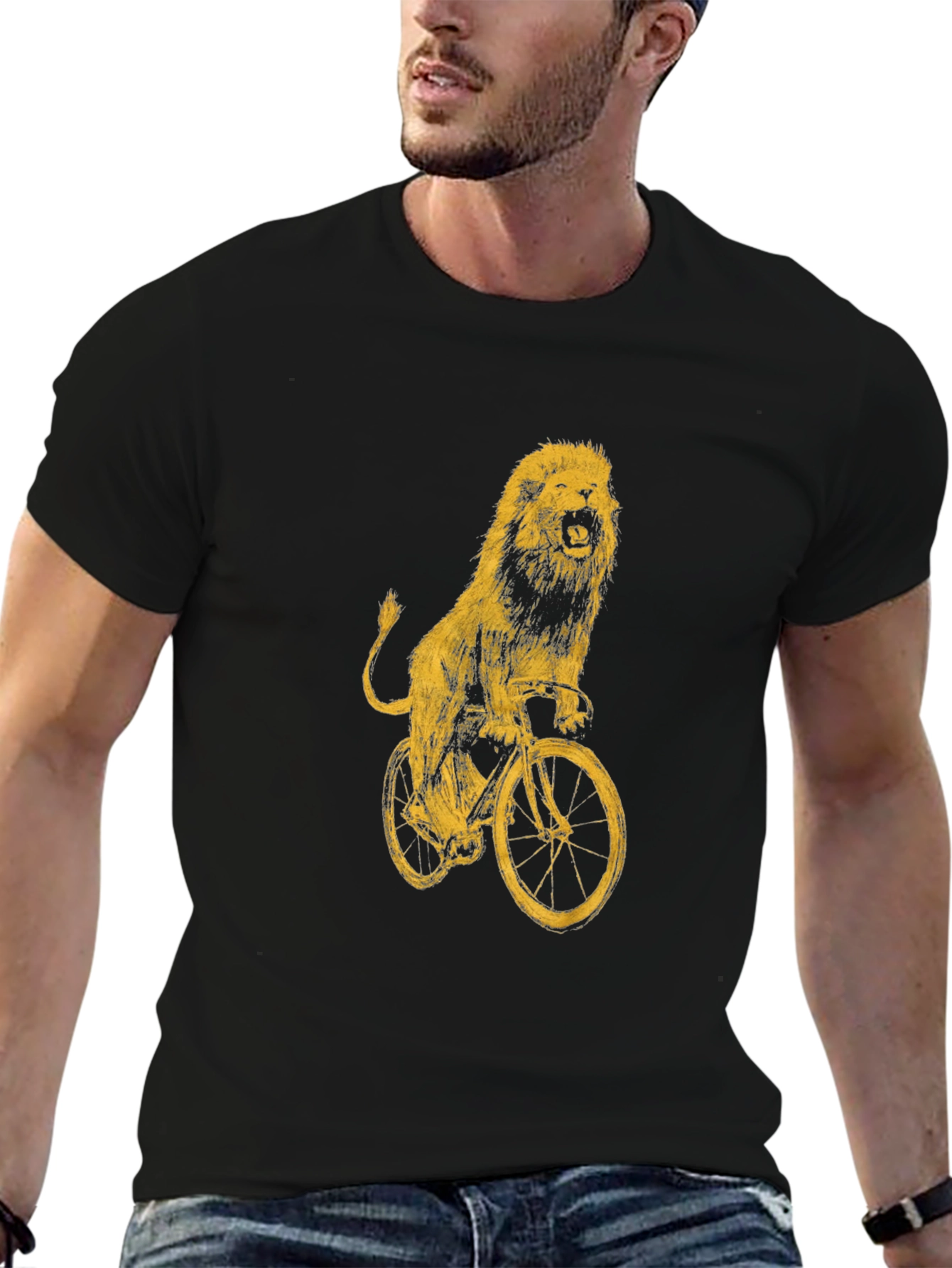 Lion on Bike Graphic Tee - Black Cotton T-Shirt