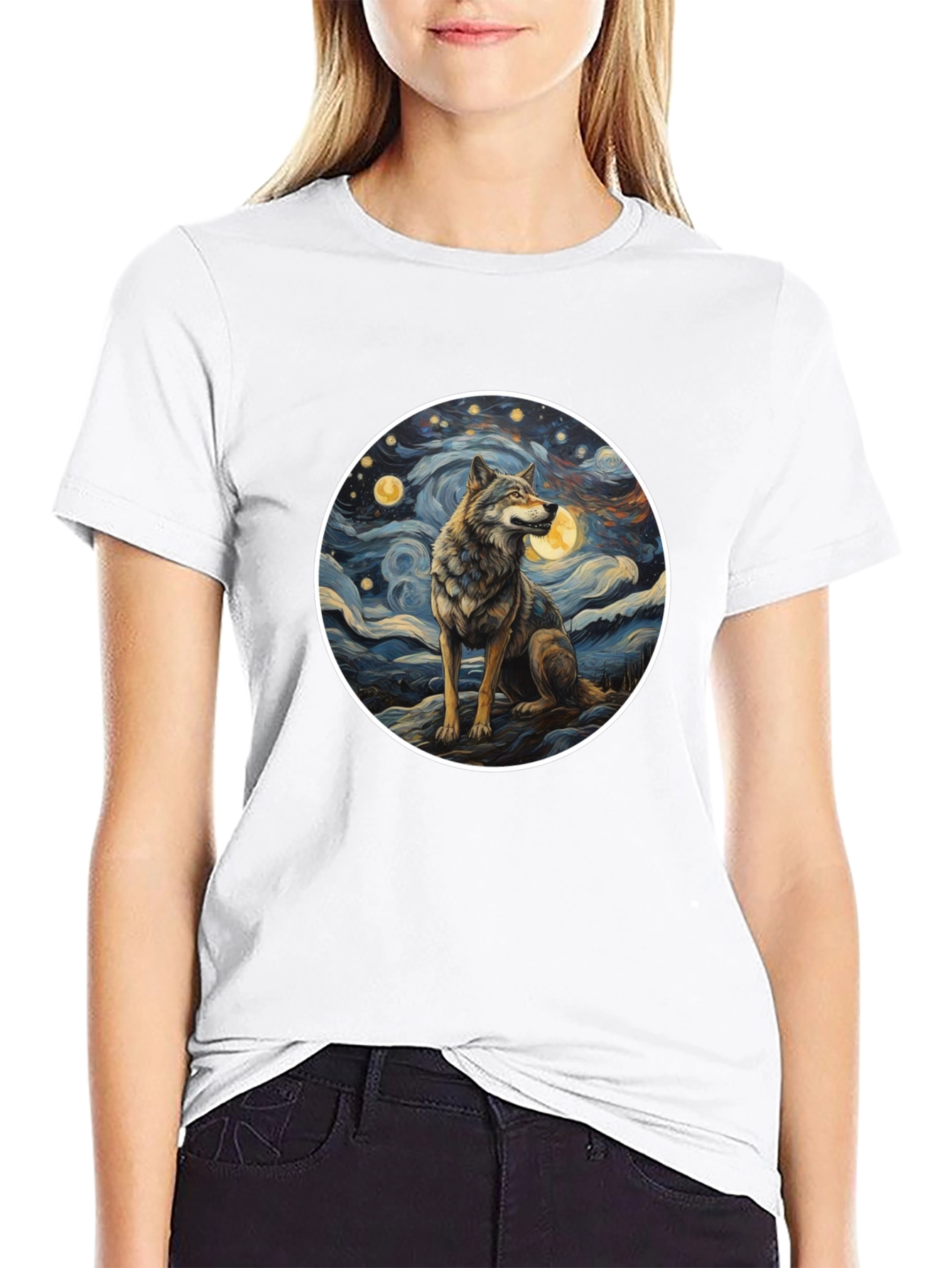 Wolf in Starry Night Mens T-Shirt