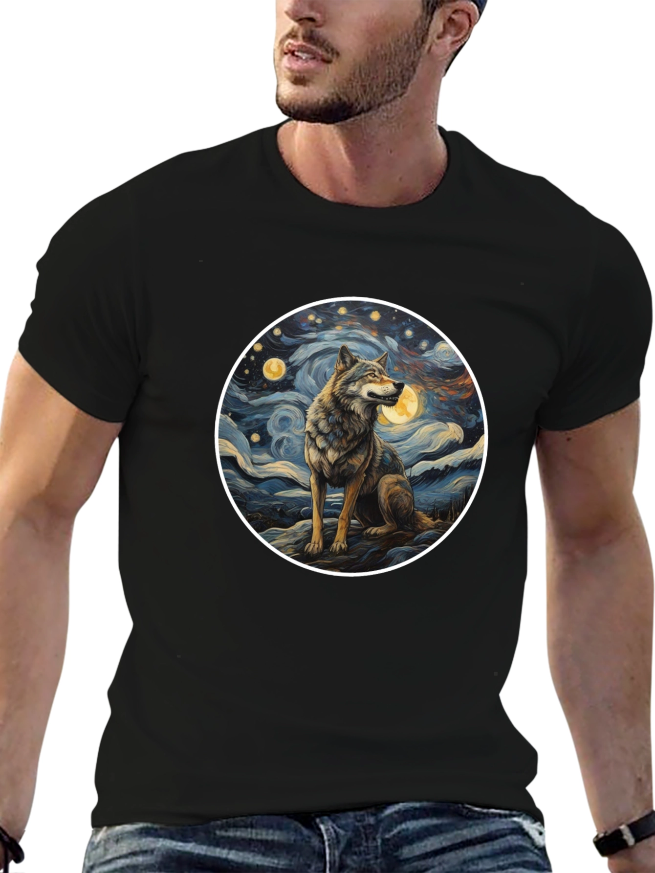 Wolf in Starry Night Mens T-Shirt