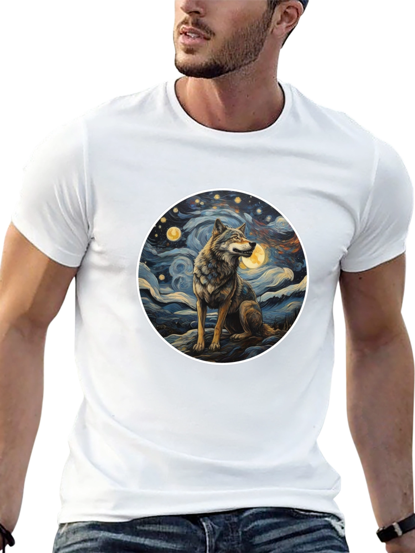 Wolf in Starry Night Mens T-Shirt