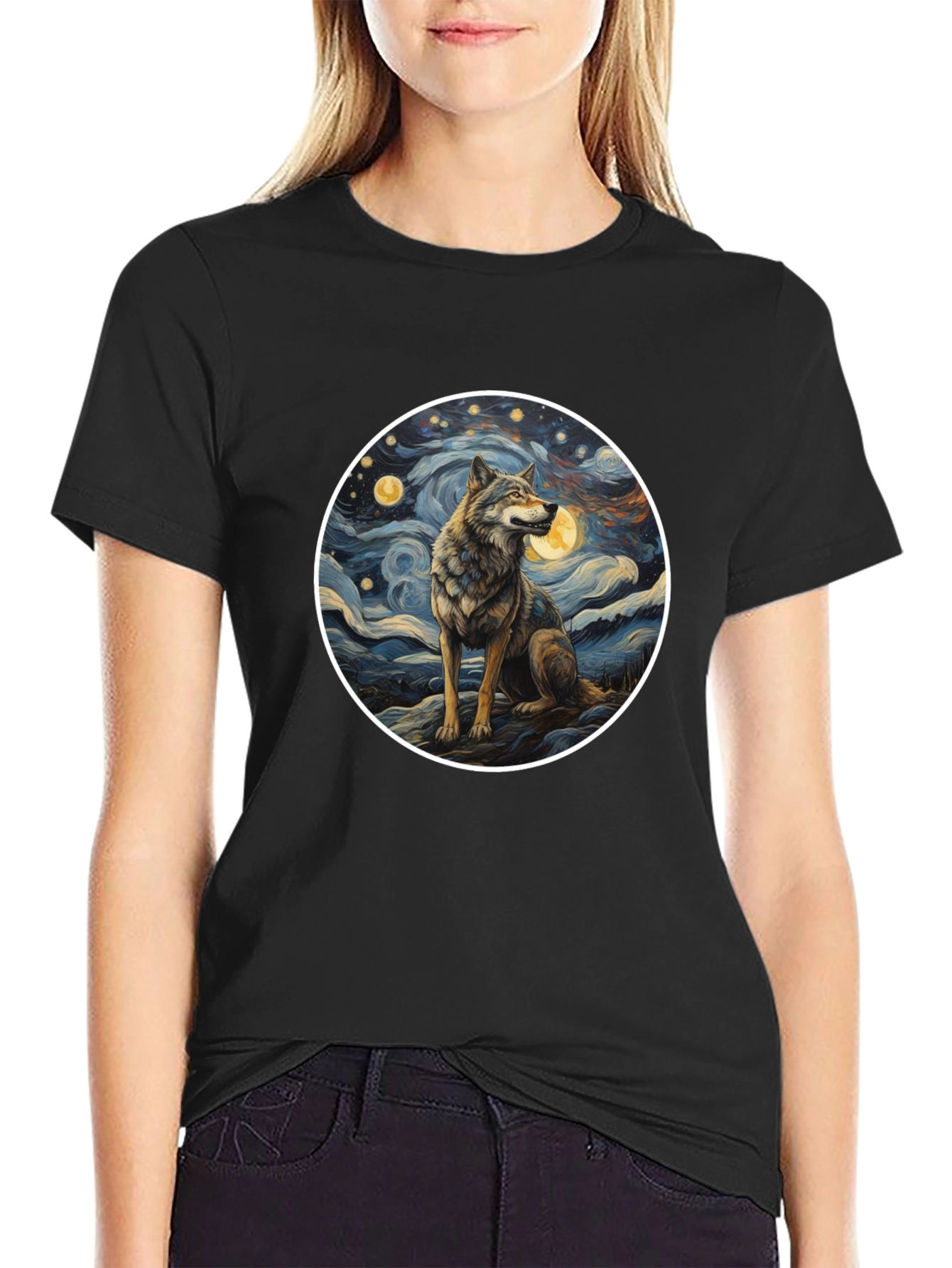 Wolf in Starry Night Mens T-Shirt