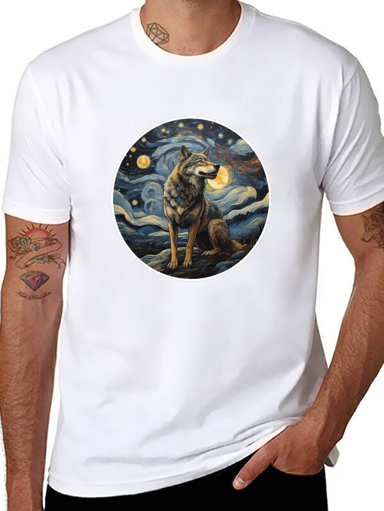 Wolf in Starry Night Mens T-Shirt