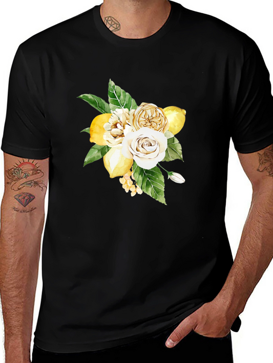 Floral Lemon Bouquet Graphic Black T-Shirt