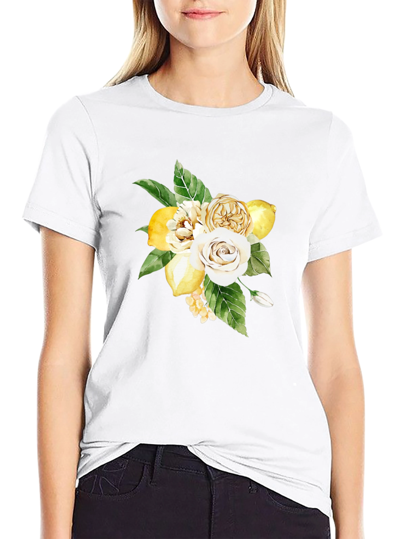 Floral Lemon Bouquet Graphic Black T-Shirt