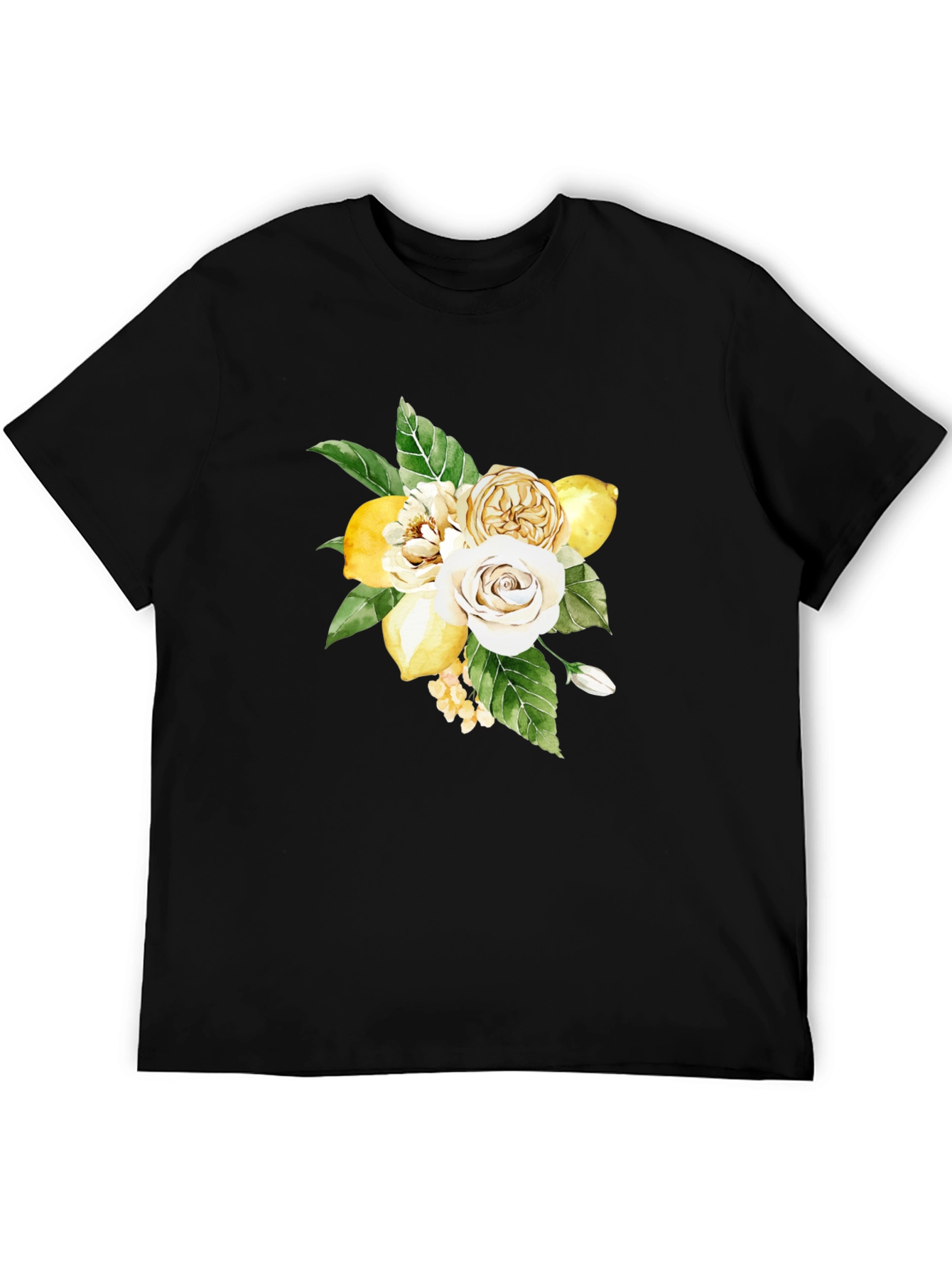 Floral Lemon Bouquet Graphic Black T-Shirt