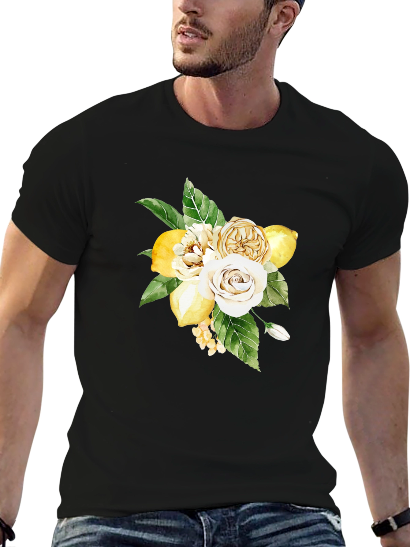Floral Lemon Bouquet Graphic Black T-Shirt