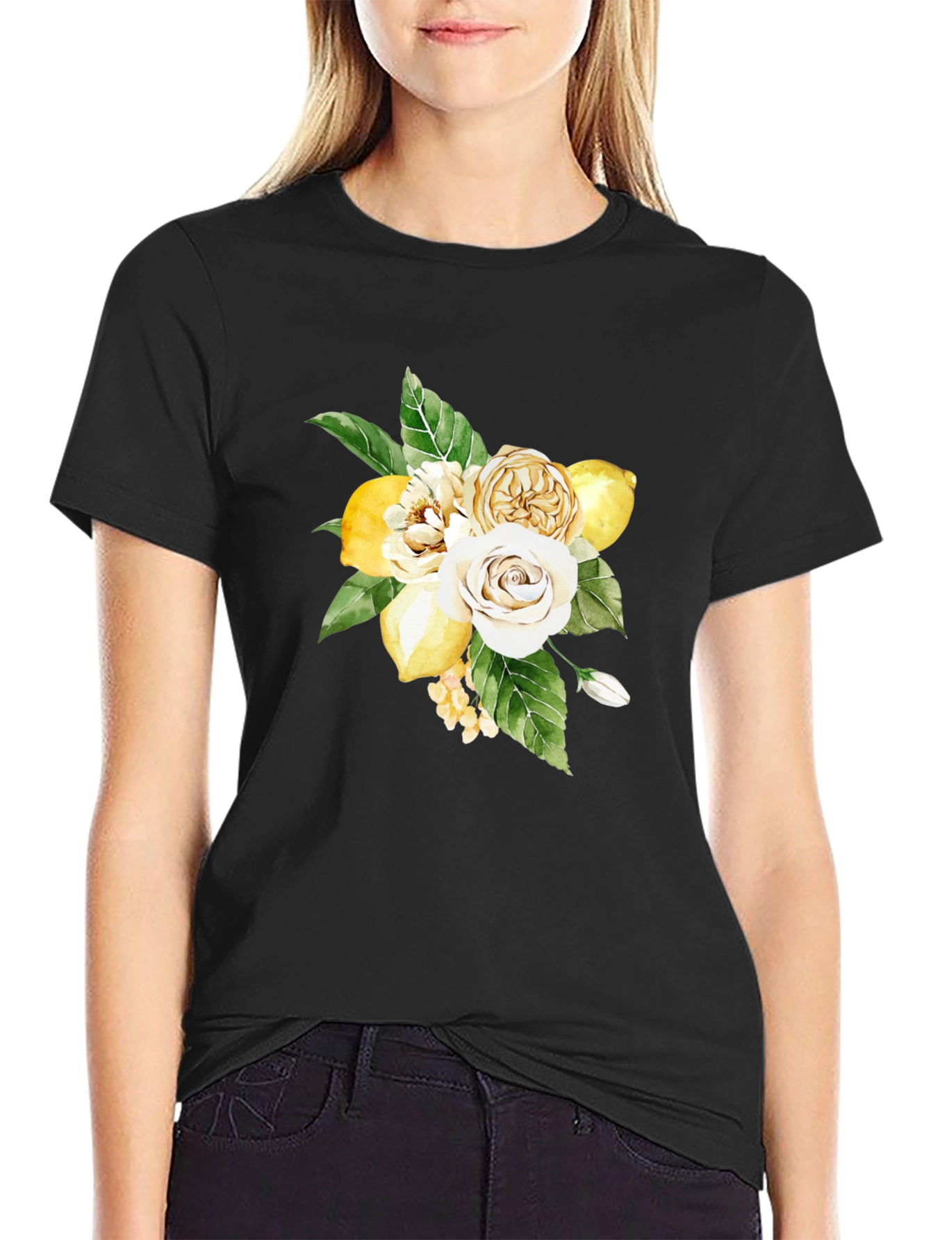 Floral Lemon Bouquet Graphic Black T-Shirt