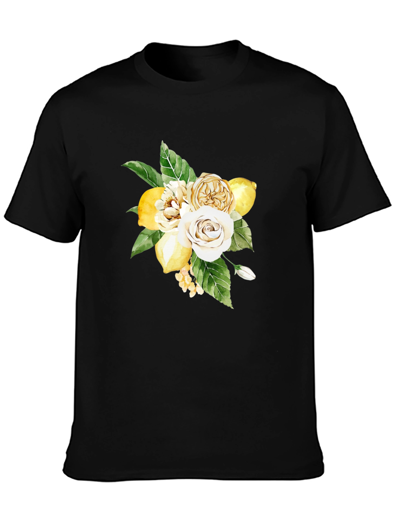 Floral Lemon Bouquet Graphic Black T-Shirt