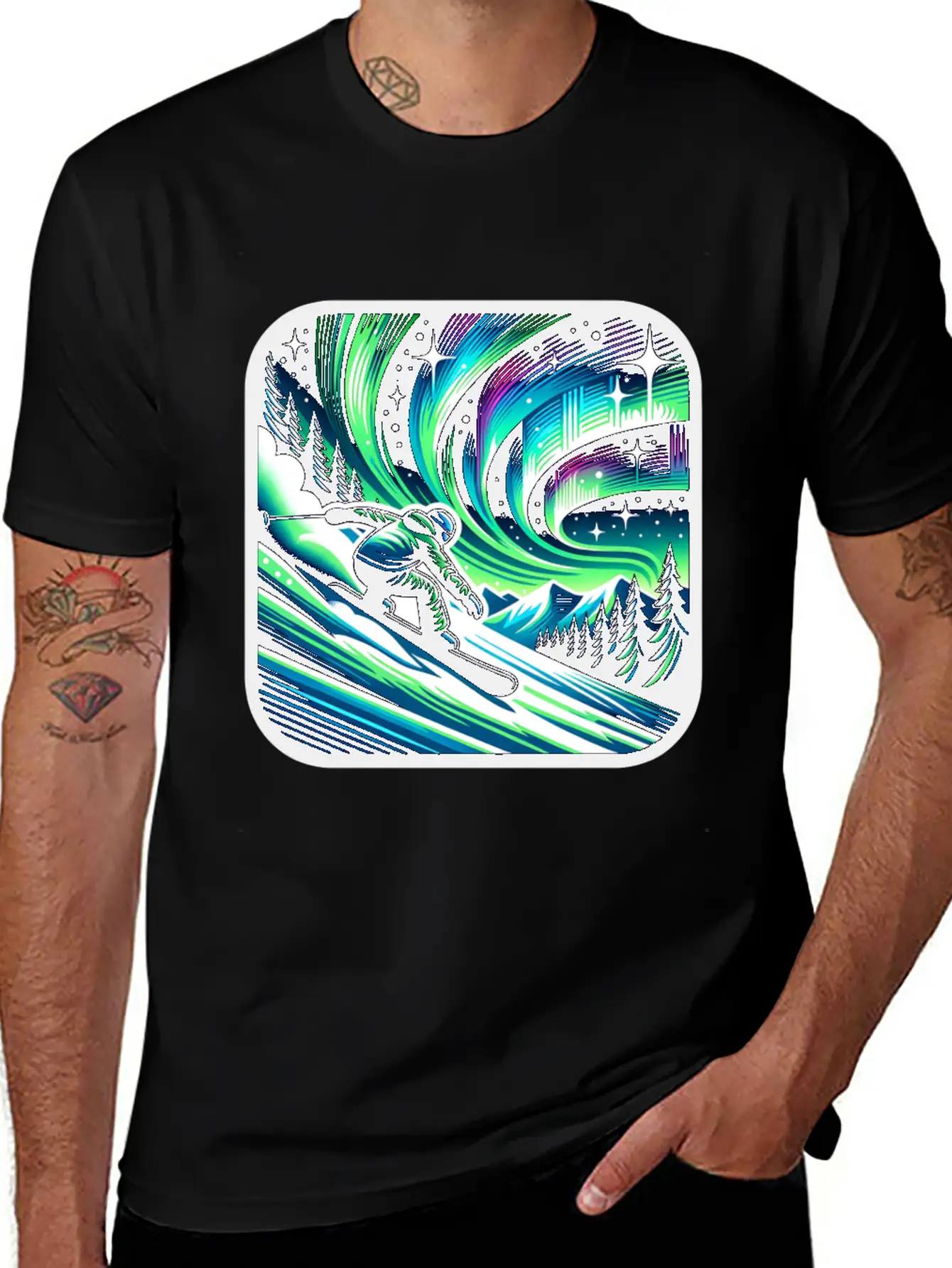 Skiing Under Northern Lights Adventure Unisex Casual T-Shirt – Clean Design For Daily Comfort