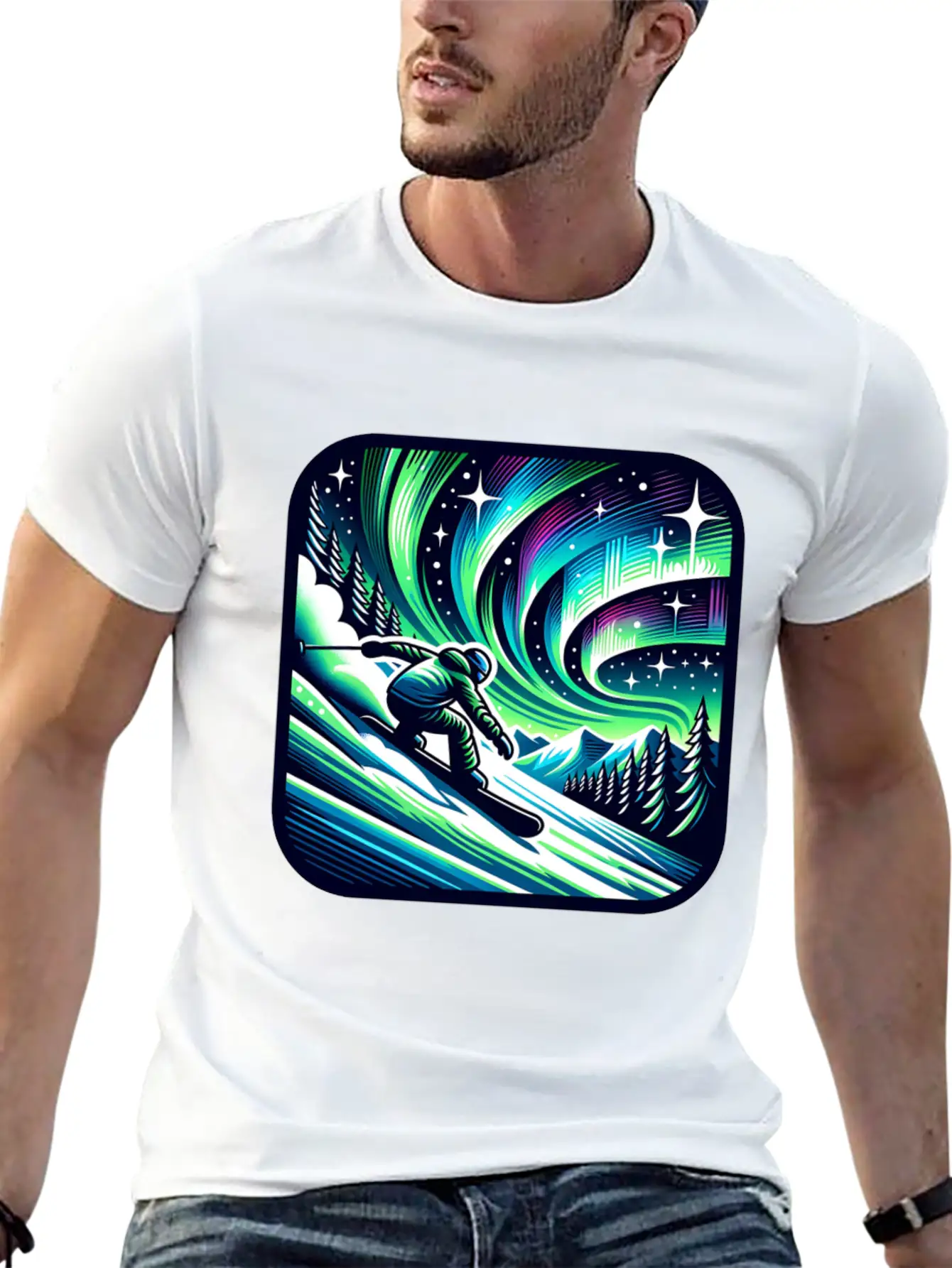 Skiing Under Northern Lights Adventure Unisex Casual T-Shirt – Clean Design For Daily Comfort