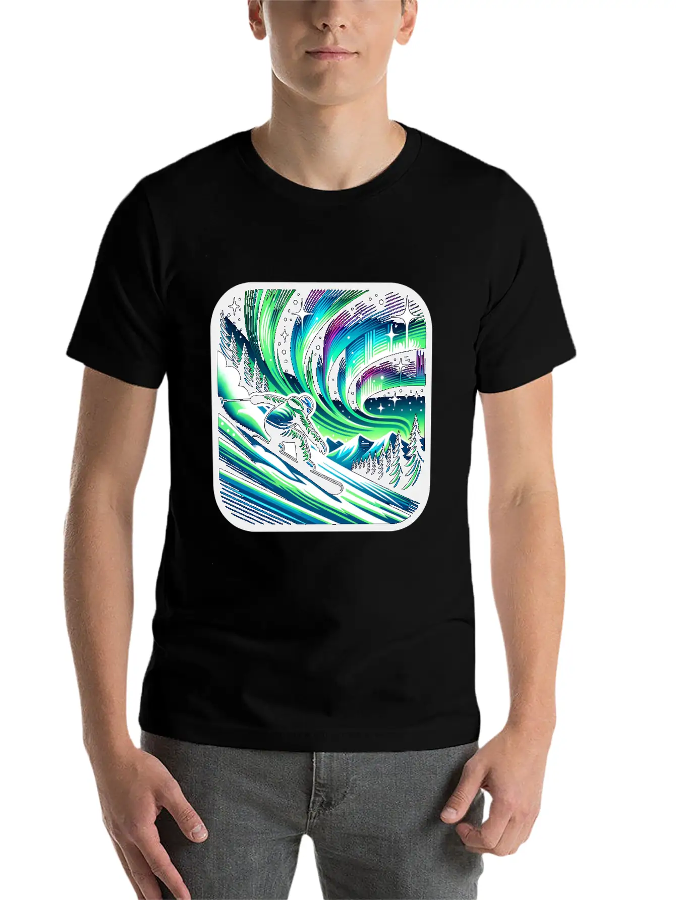 Skiing Under Northern Lights Adventure Unisex Casual T-Shirt – Clean Design For Daily Comfort
