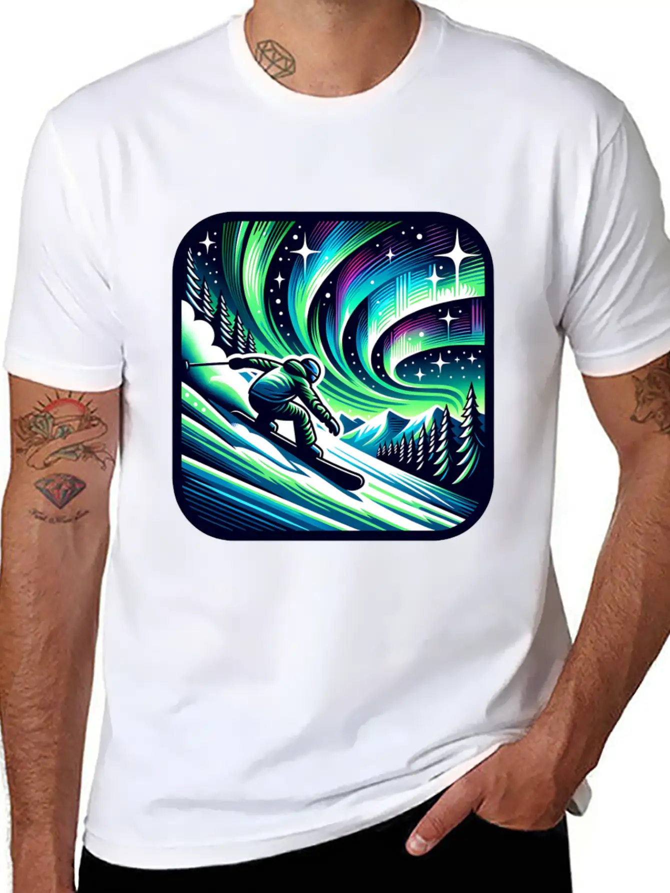 Skiing Under Northern Lights Adventure Unisex Casual T-Shirt – Clean Design For Daily Comfort