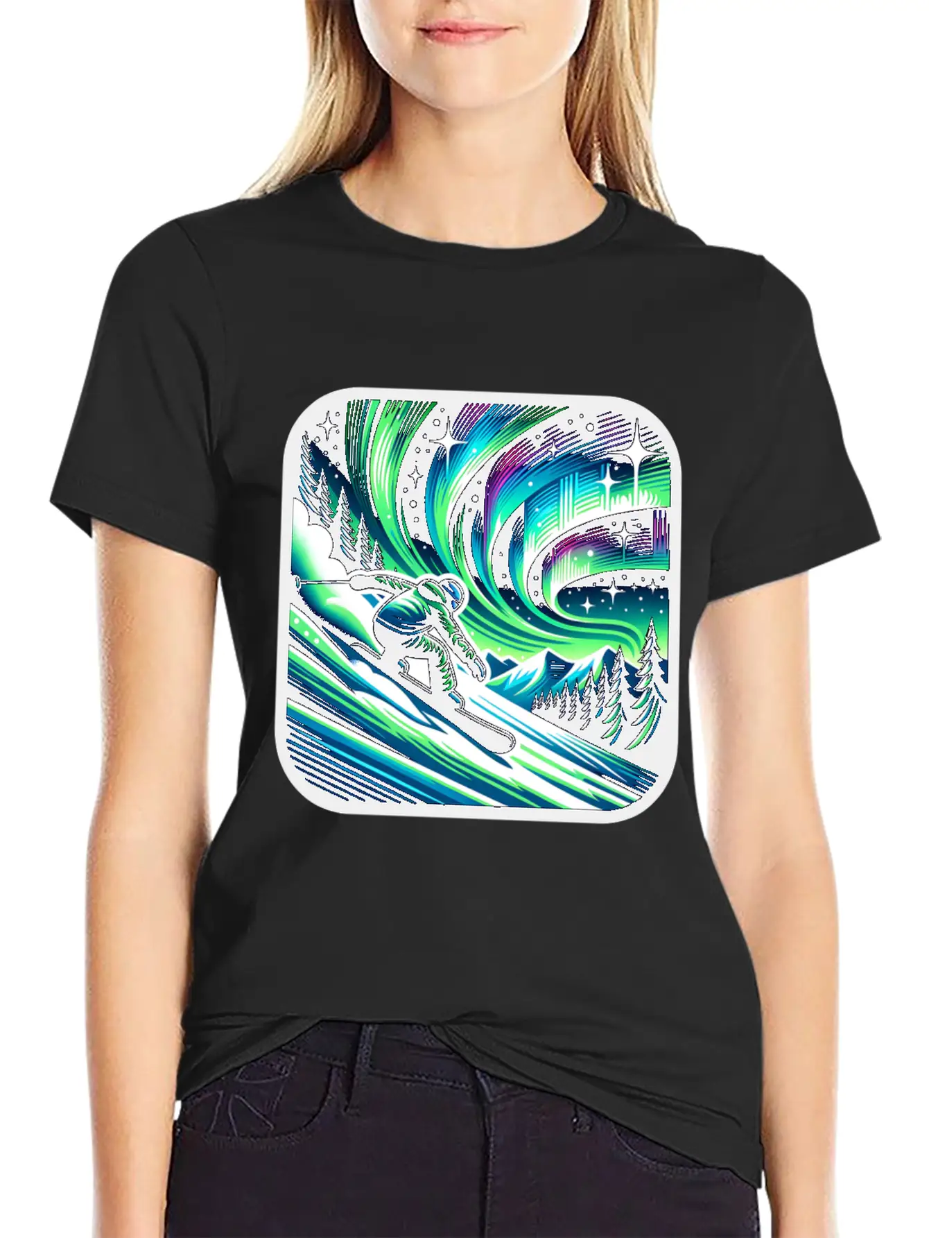 Skiing Under Northern Lights Adventure Unisex Casual T-Shirt – Clean Design For Daily Comfort