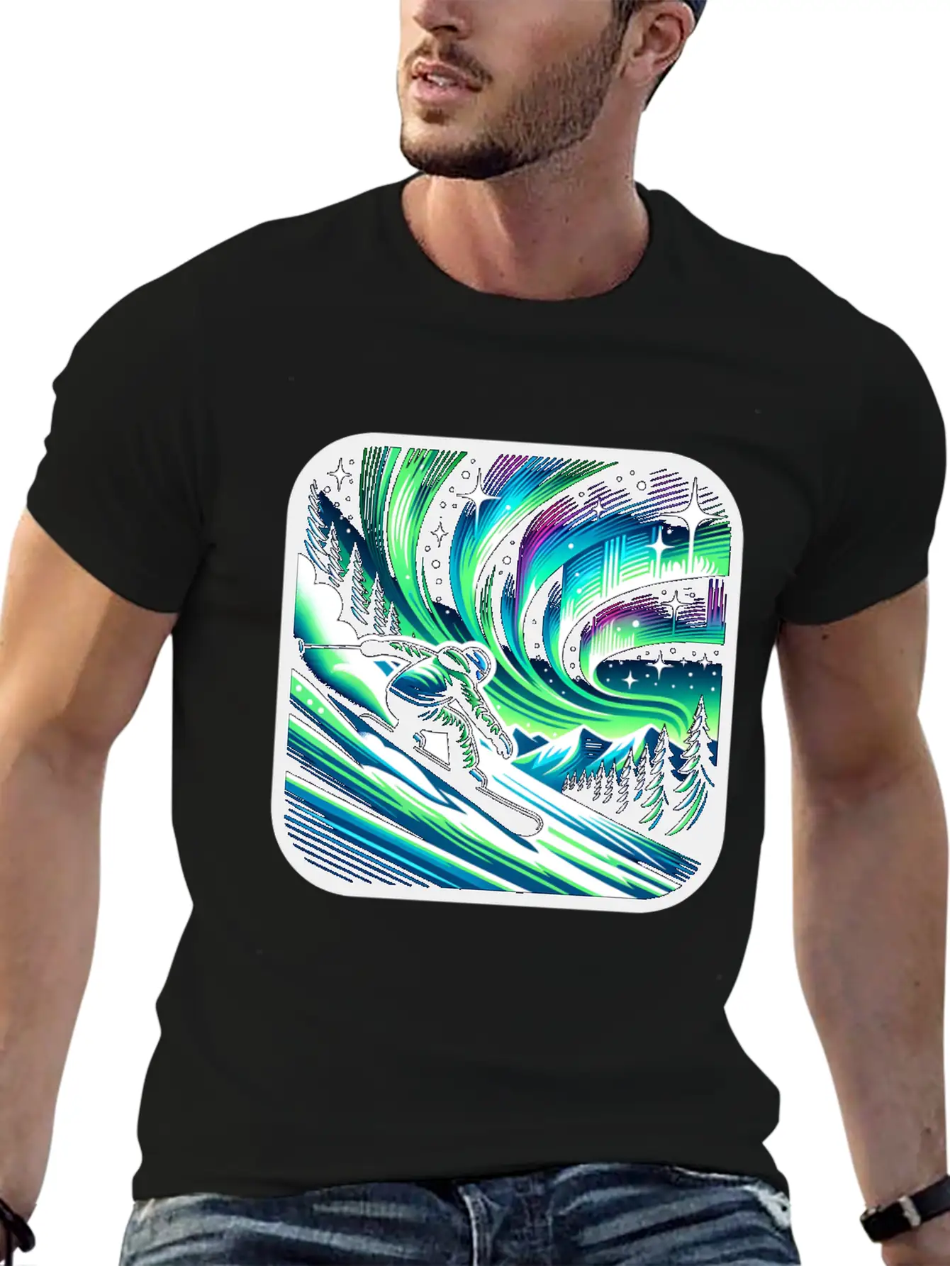 Skiing Under Northern Lights Adventure Unisex Casual T-Shirt – Clean Design For Daily Comfort