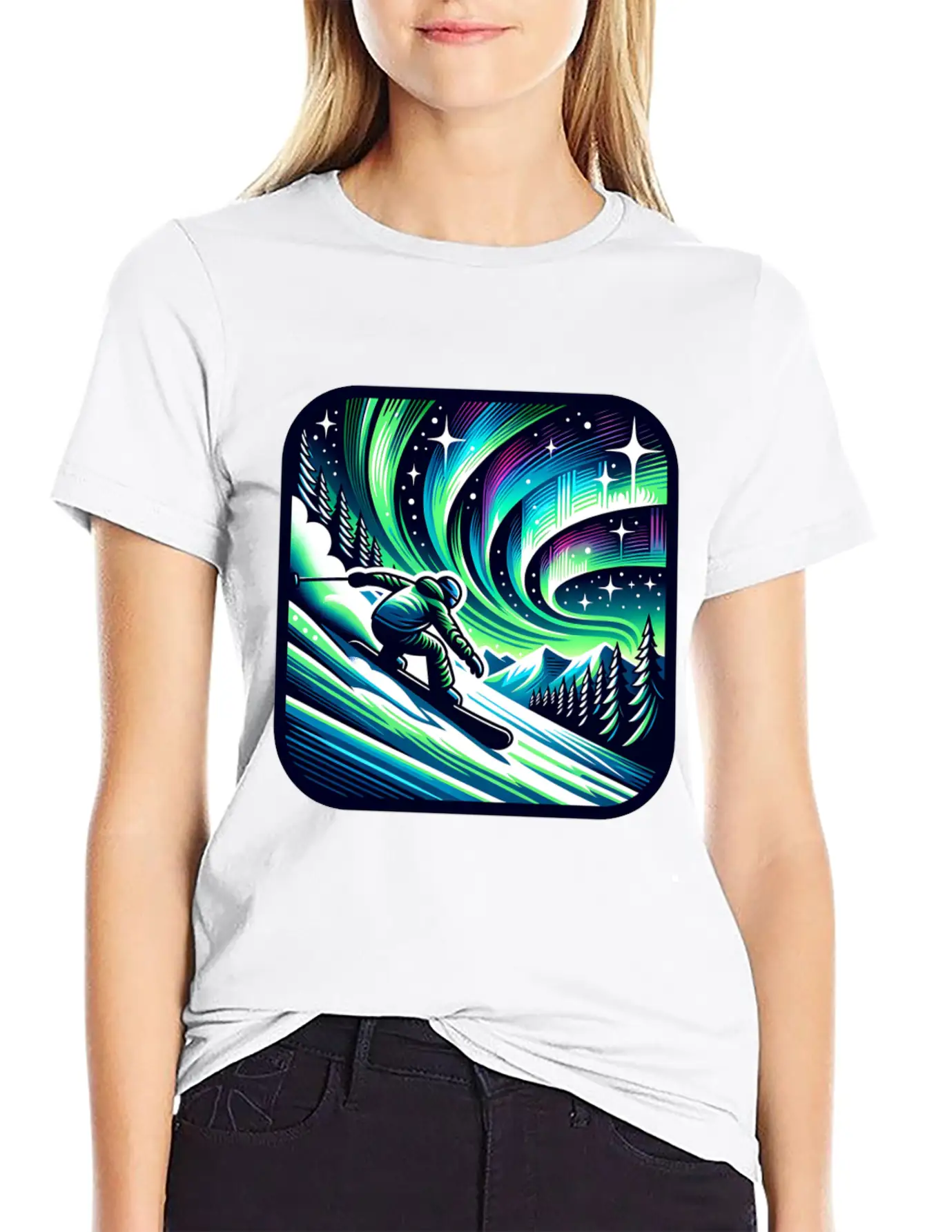 Skiing Under Northern Lights Adventure Unisex Casual T-Shirt – Clean Design For Daily Comfort