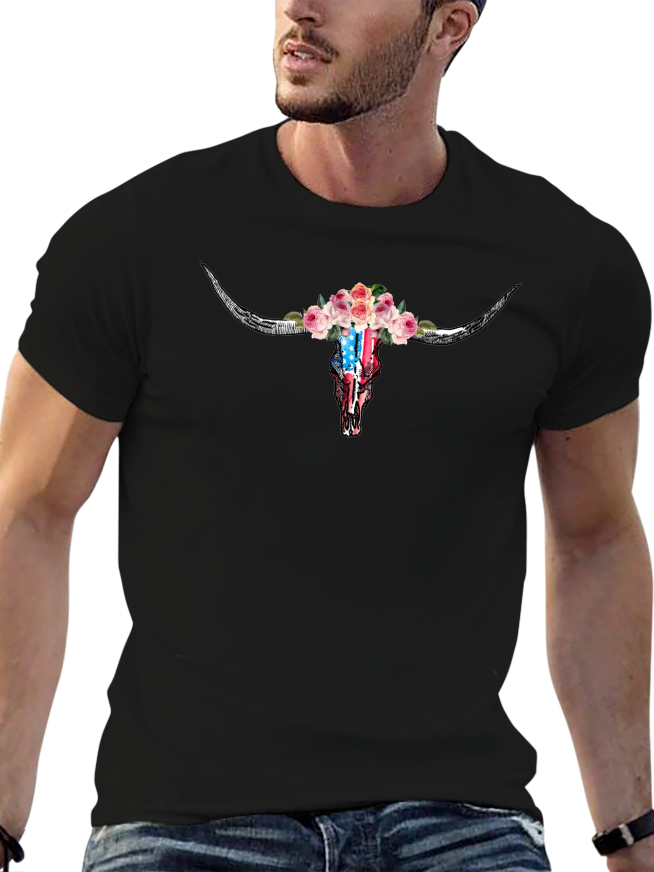 Floral Steer Skull Graphic T-Shirt