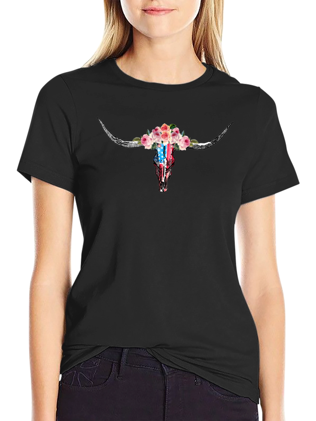 Floral Steer Skull Graphic T-Shirt
