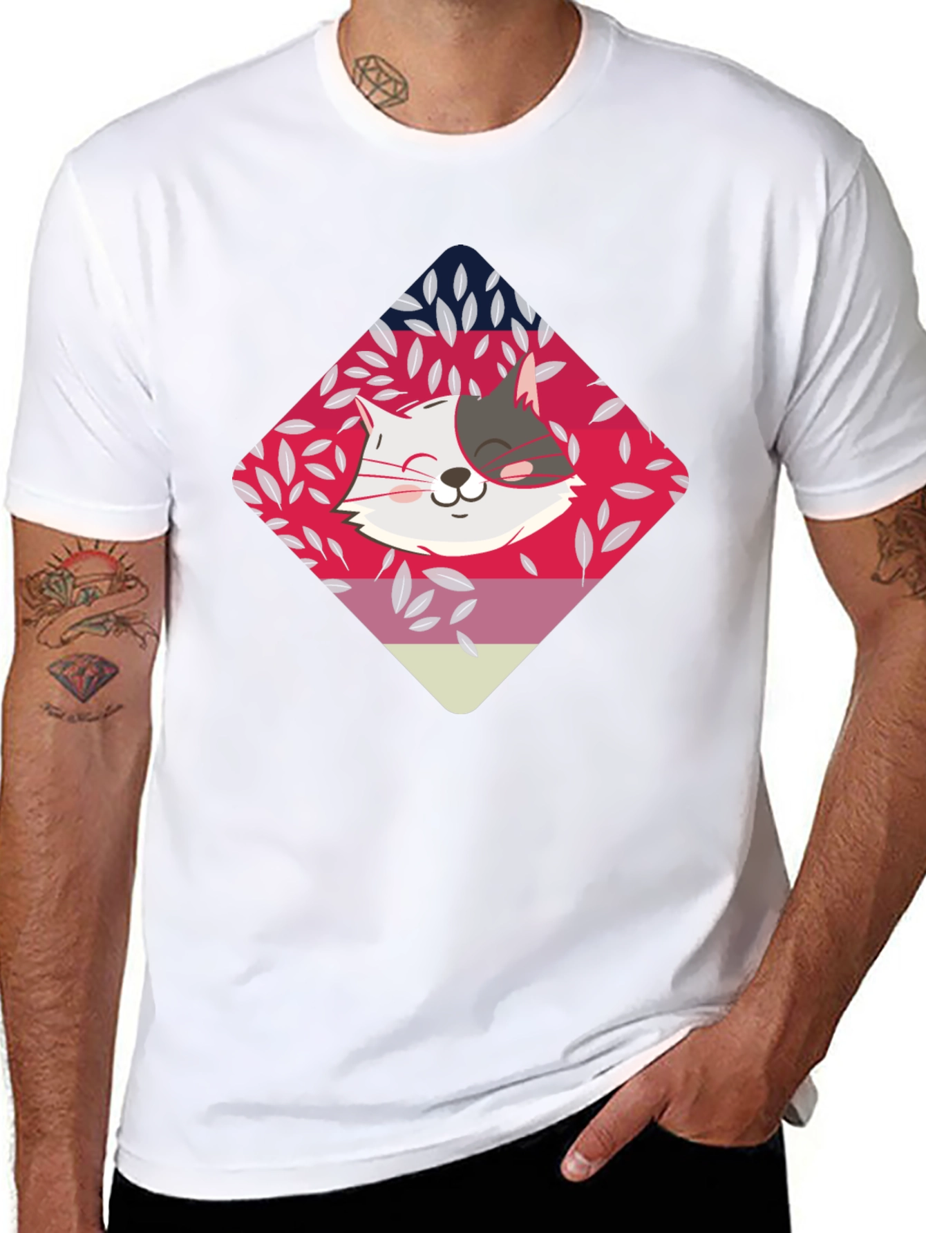 Cute Cat Graphic Tee - Black Cotton Blend T-Shirt