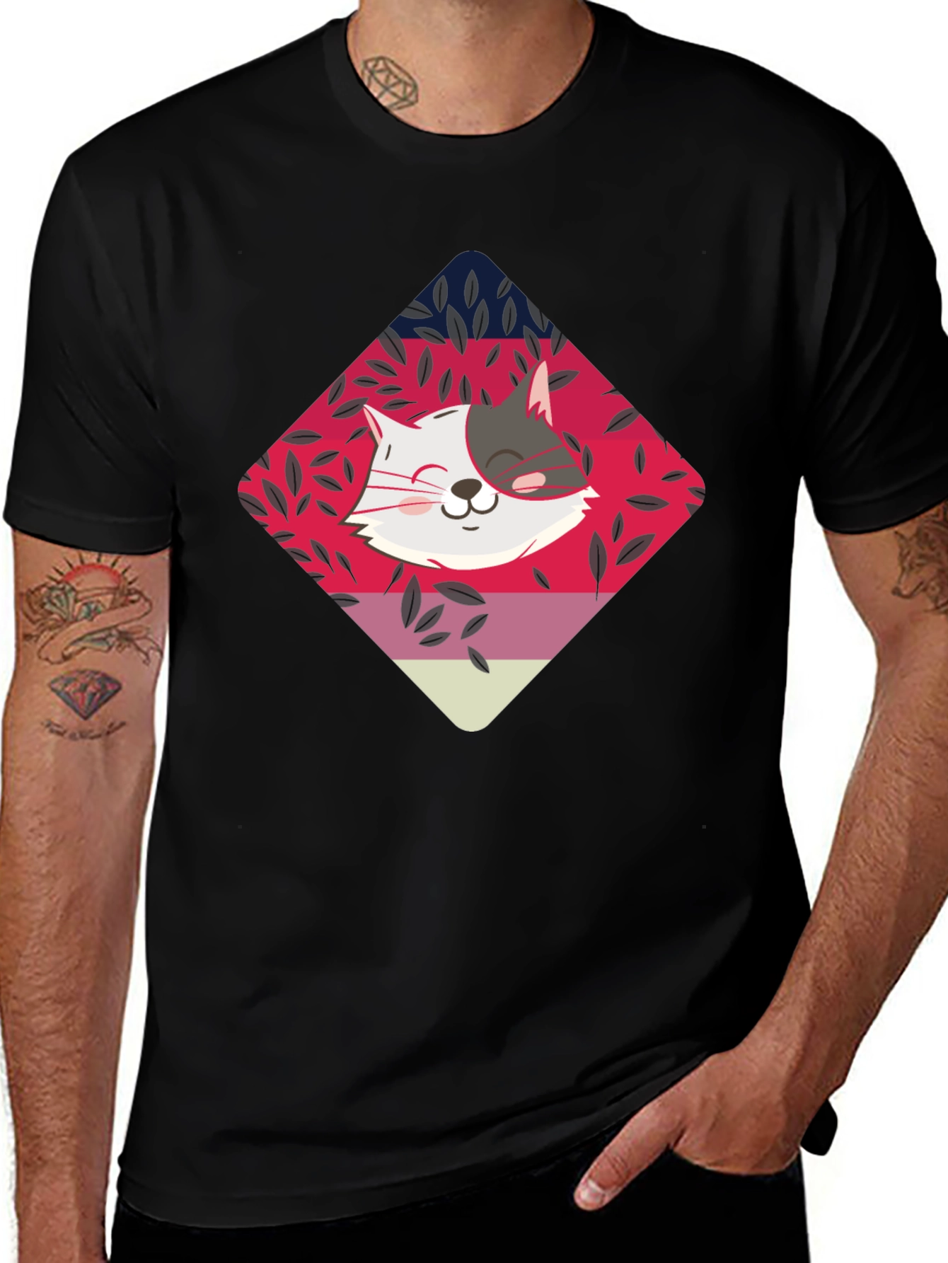 Cute Cat Graphic Tee - Black Cotton Blend T-Shirt