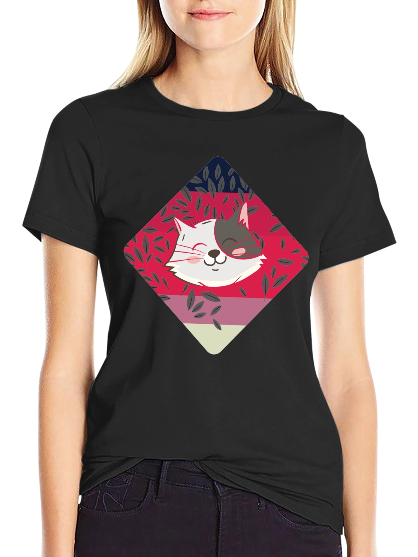 Cute Cat Graphic Tee - Black Cotton Blend T-Shirt