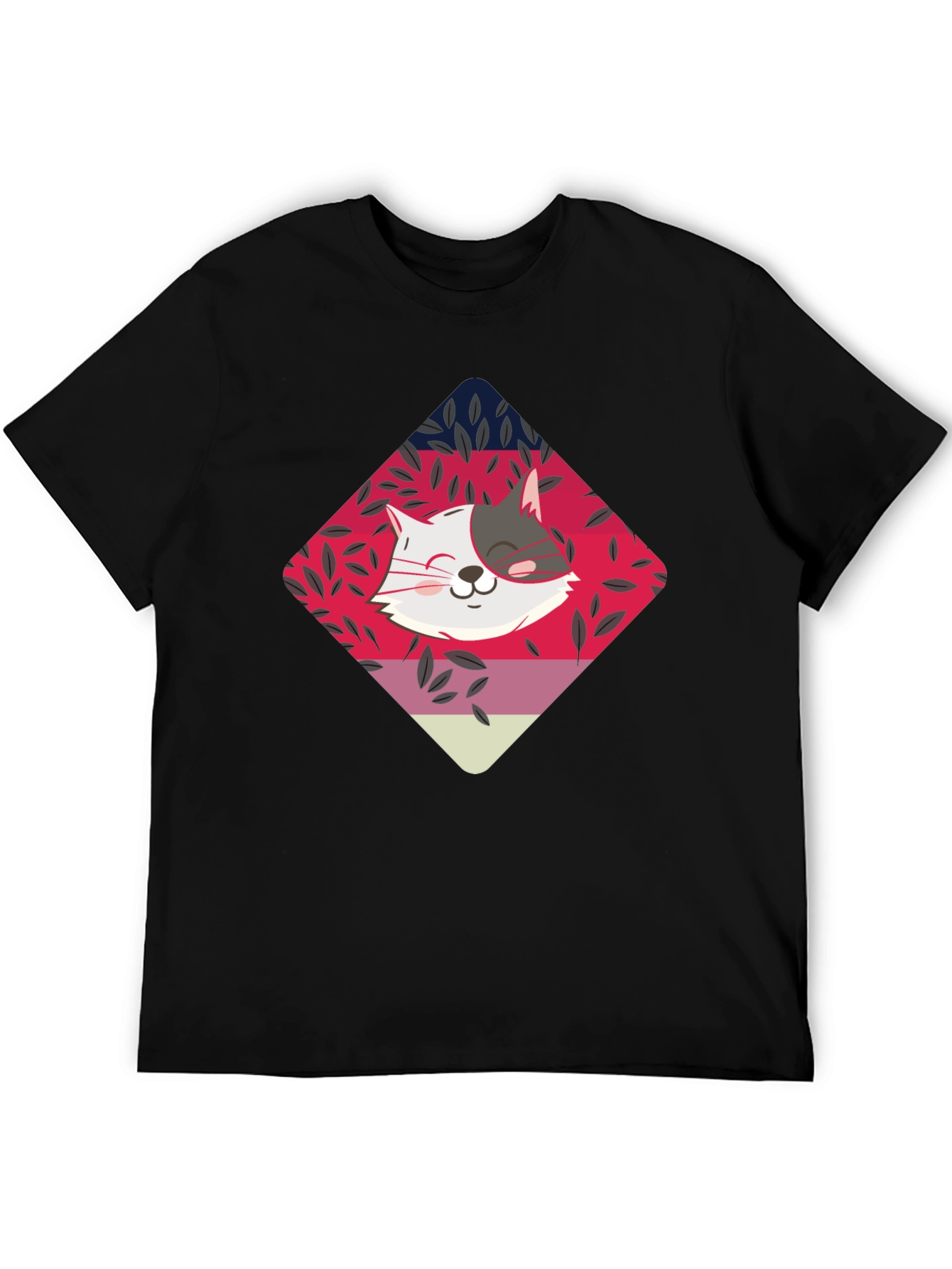 Cute Cat Graphic Tee - Black Cotton Blend T-Shirt