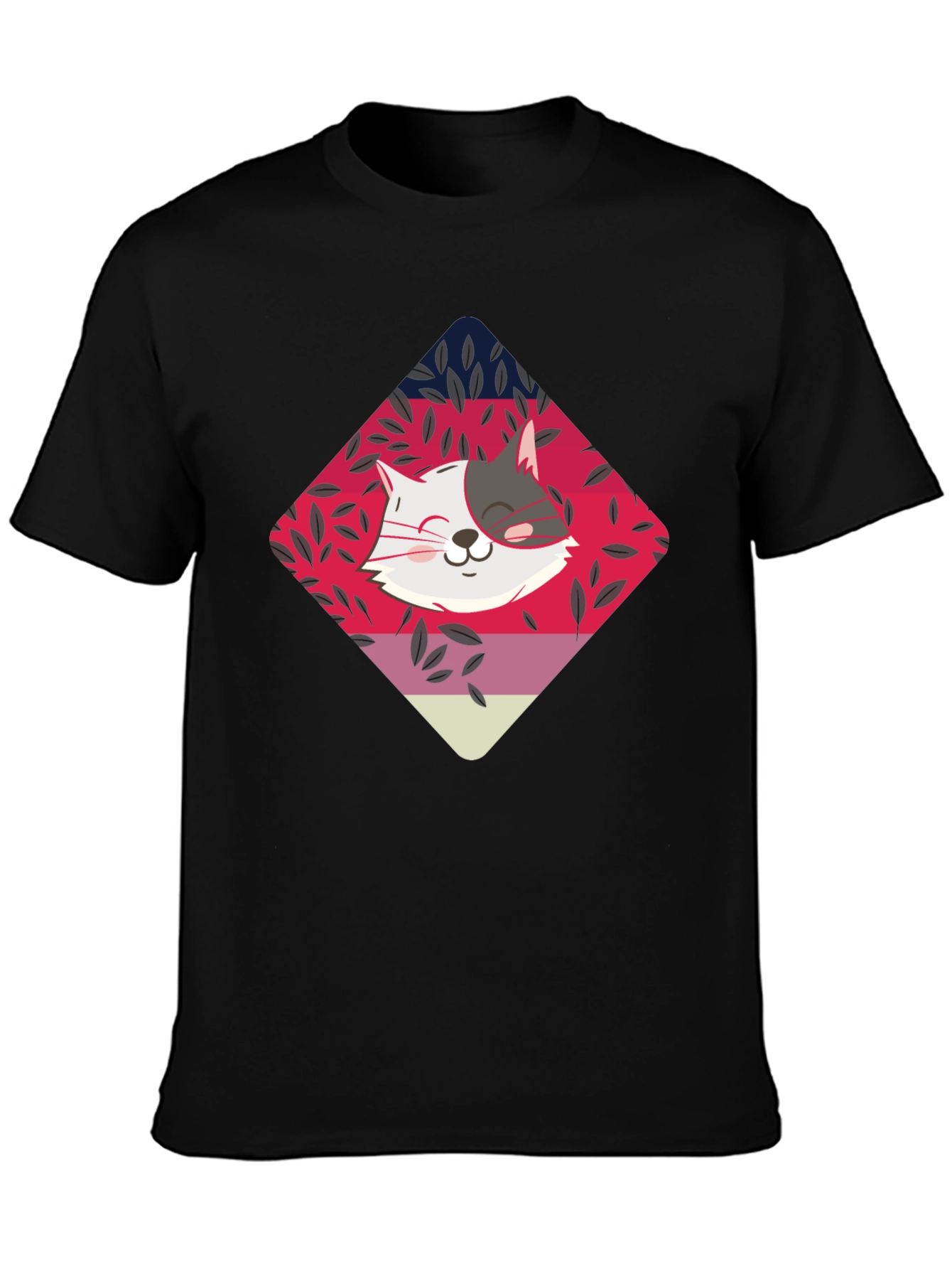 Cute Cat Graphic Tee - Black Cotton Blend T-Shirt