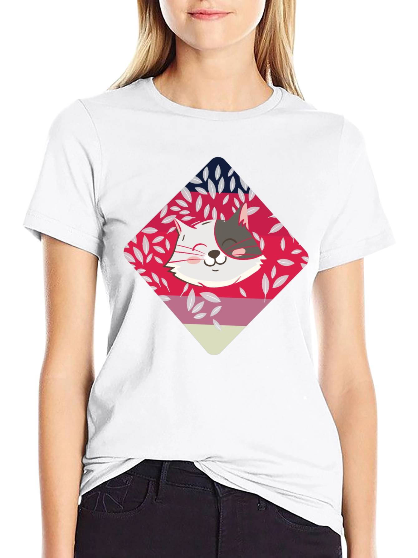 Cute Cat Graphic Tee - Black Cotton Blend T-Shirt