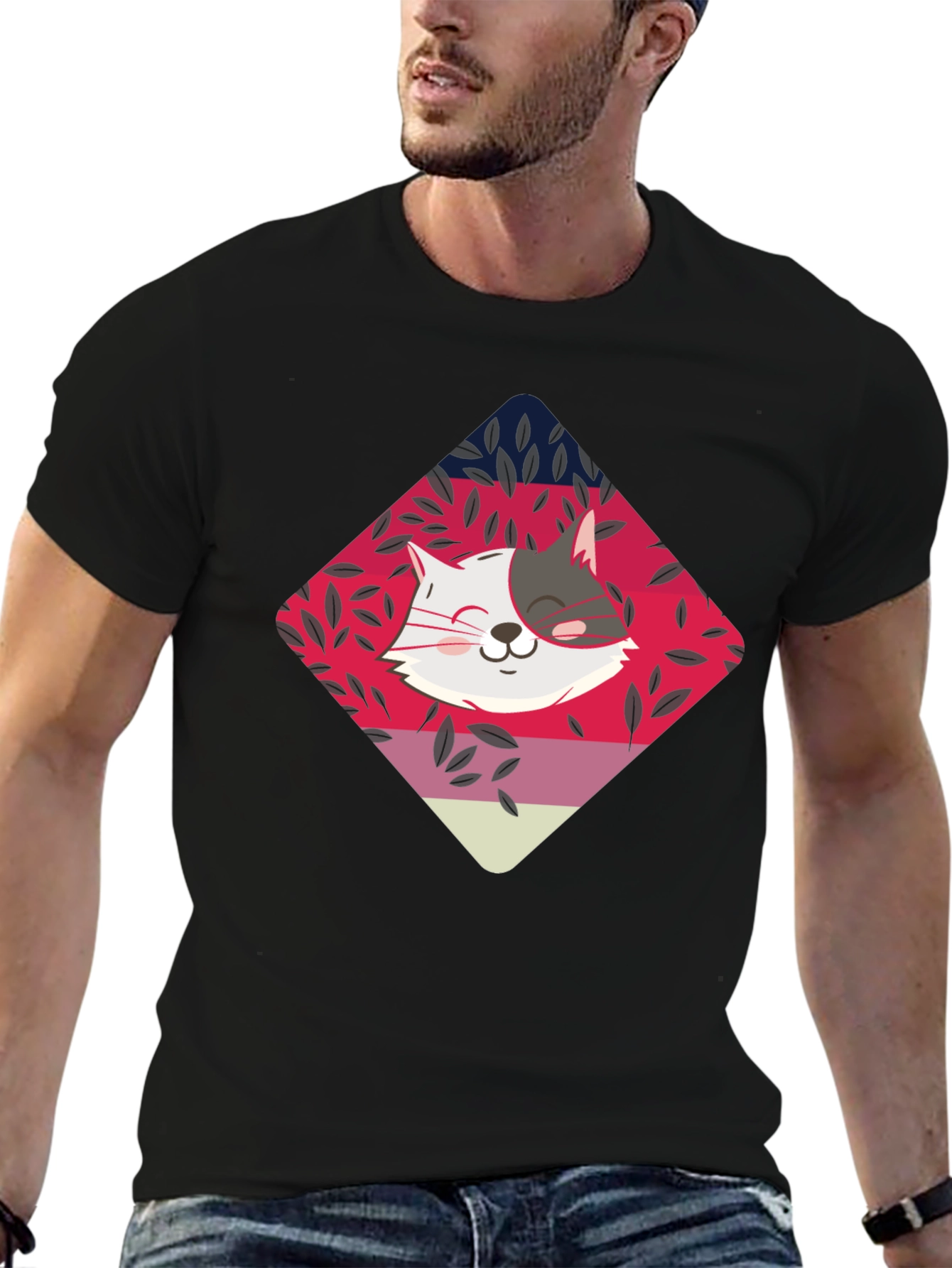 Cute Cat Graphic Tee - Black Cotton Blend T-Shirt