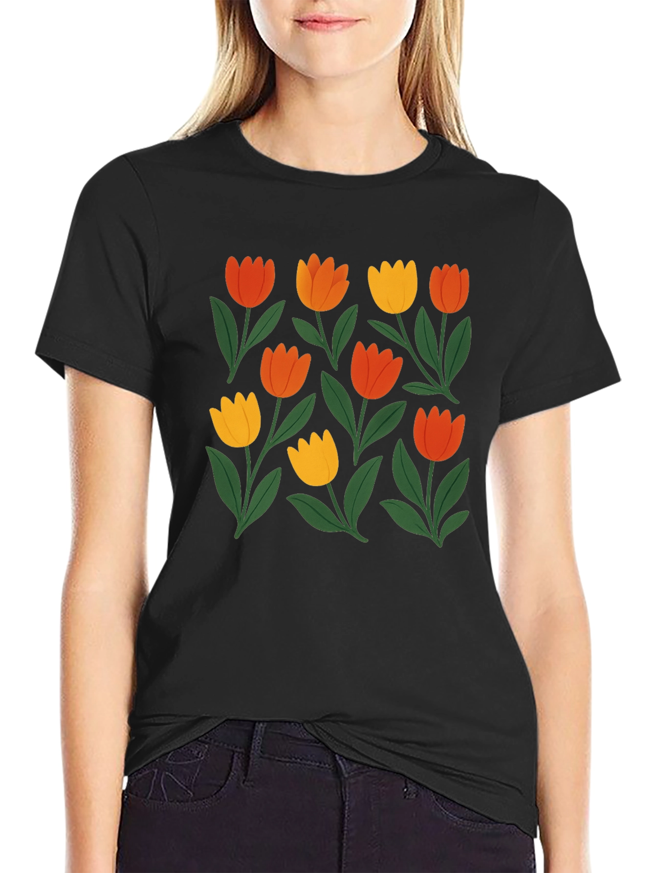 Floral Print Crew Neck Tee - Black