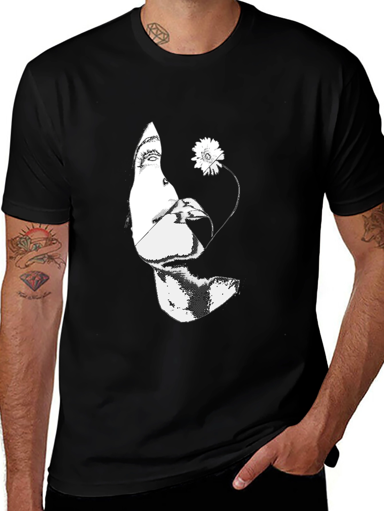 Black Graphic Tee - Abstract Face & Flower Print