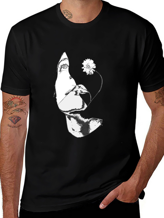 Black Graphic Tee - Abstract Face & Flower Print