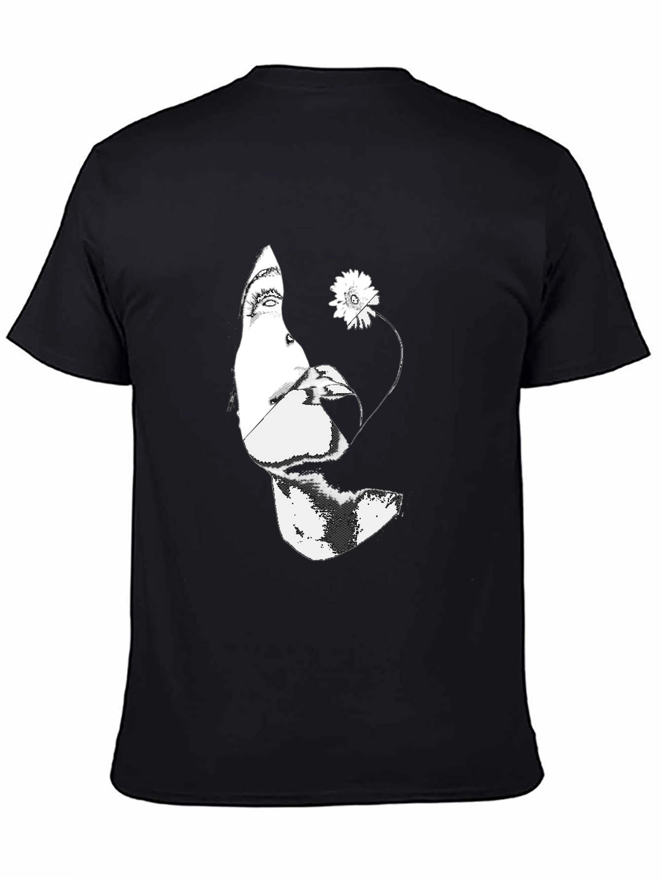 Black Graphic Tee - Abstract Face & Flower Print