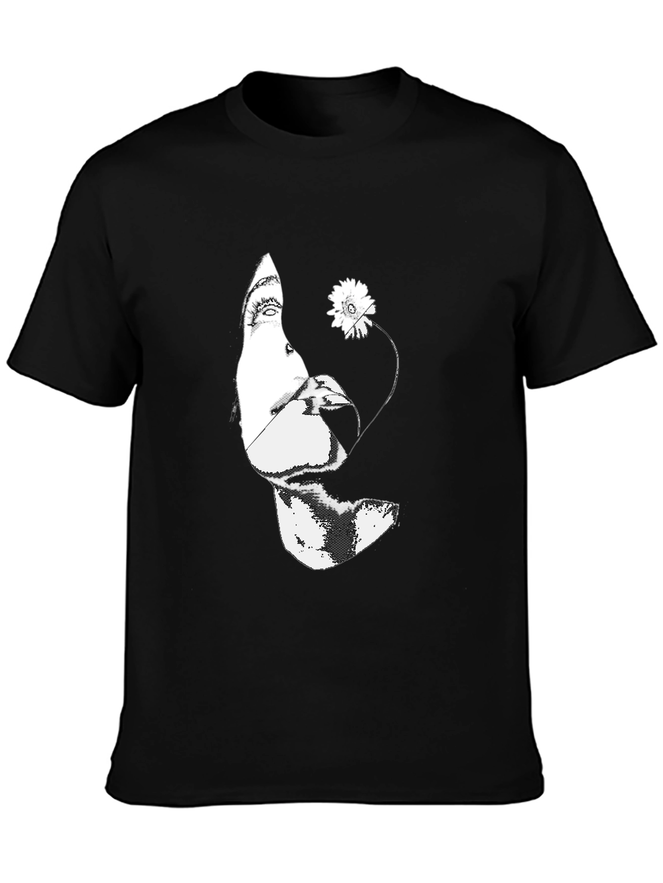 Black Graphic Tee - Abstract Face & Flower Print
