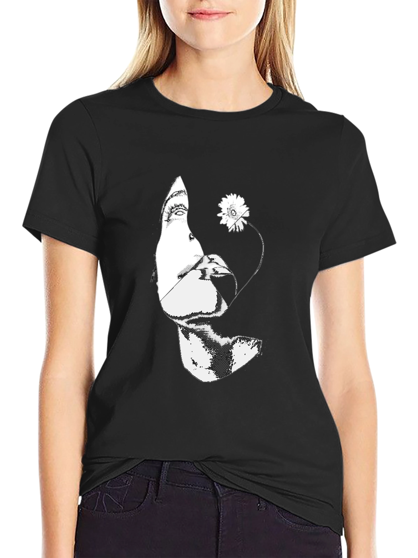Black Graphic Tee - Abstract Face & Flower Print